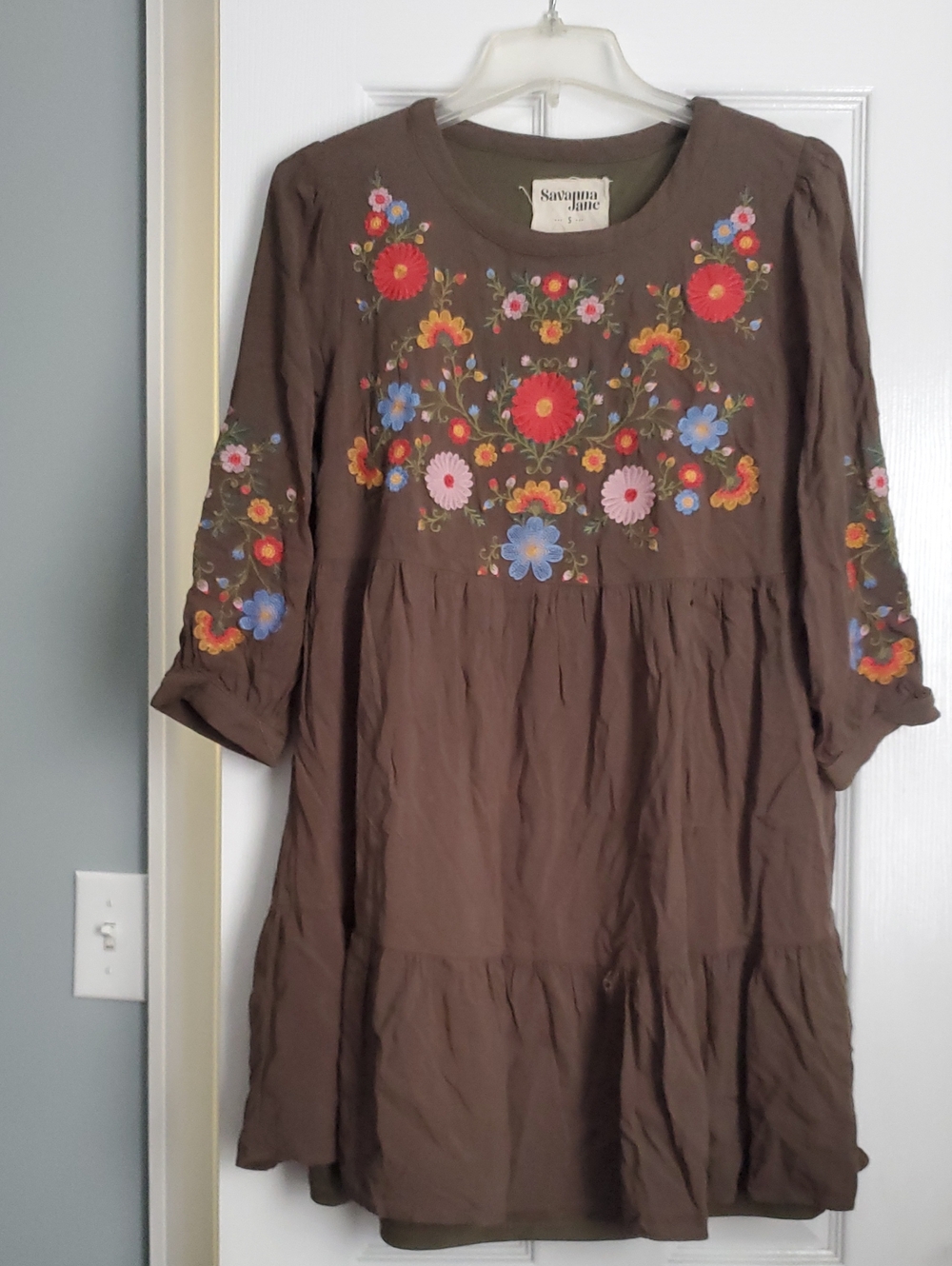 Savanna Jane Brown Tiered Dress with Colorful Floral Embroidery